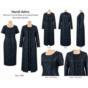 Ashro Nandi Blue Black Metallic Jacquard Formal Dress and Jacket Set Plus 24W